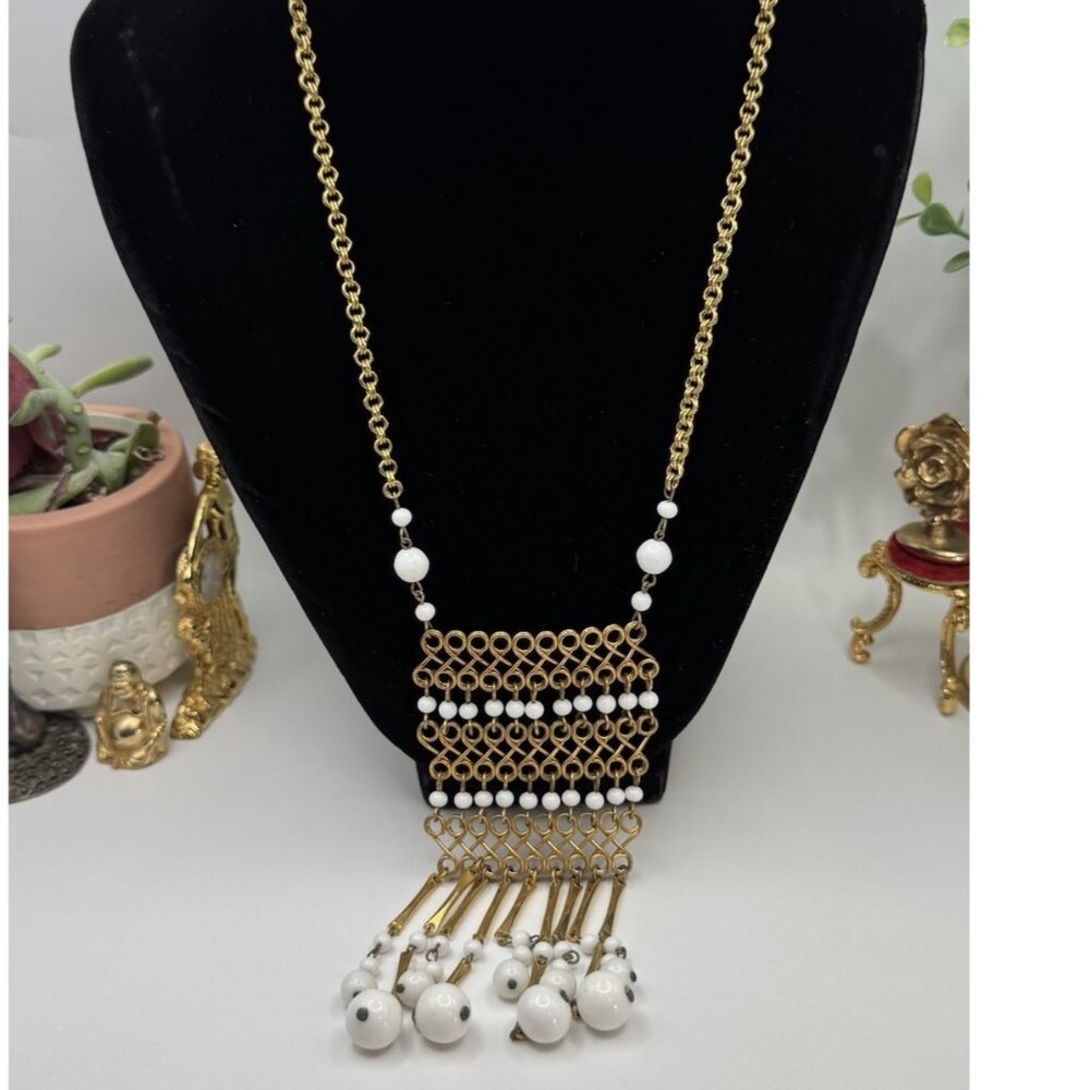 VTG 29” Milk Glass Bead Tassel Necklace Gold Tone Chain Boho Statement Retro